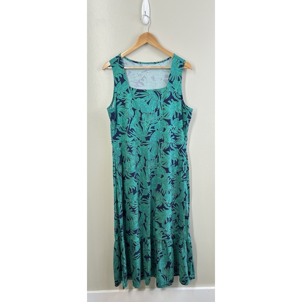 Lands End Maxi Dress Sleeveless Tropical Floral Maxi Pockets Stretch L/P 14-16